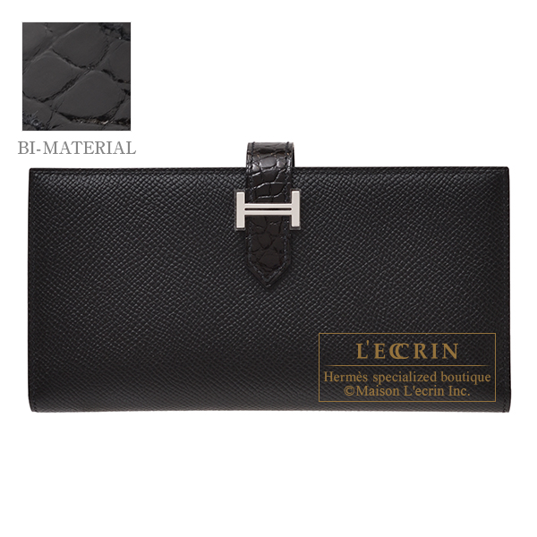 Hermes　Bearn Soufflet Touch　Black　Epsom leather/　Alligator　crocodile skin　Silver hardware
