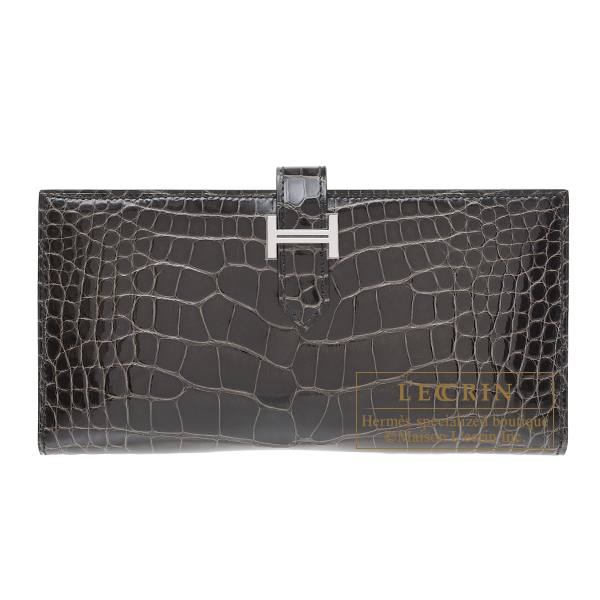 Hermes　Bearn Soufflet　Graphite　Alligator　crocodile skin　Silver hardware