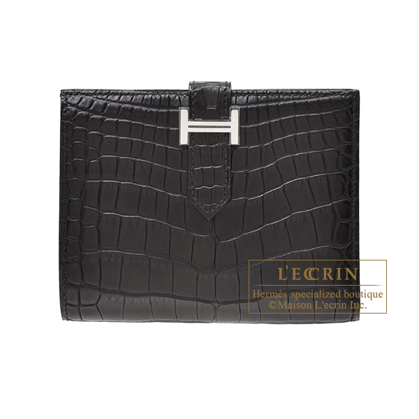 Hermes　Bearn compact wallet　Black　Matt alligator　crocodile skin　Silver hardware
