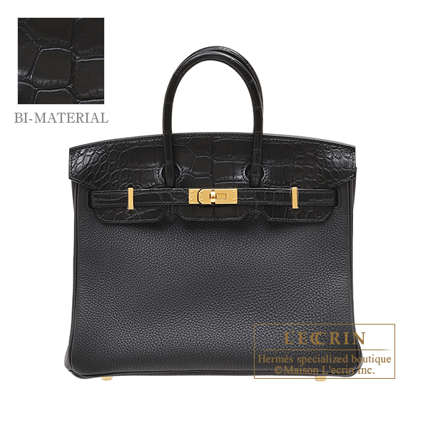 Hermes　Birkin Touch bag 25　Black　Togo leather/　Matt alligator crocodile skin　Gold hardware