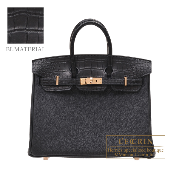 Hermes　Birkin Touch bag 25　Black　Togo leather/　Matt alligator crocodile skin　Rose gold hardware