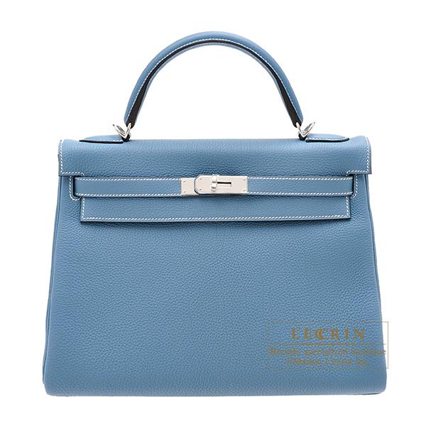 Hermes Kelly bag 32 Retourne Blue jean Togo leather Silver 