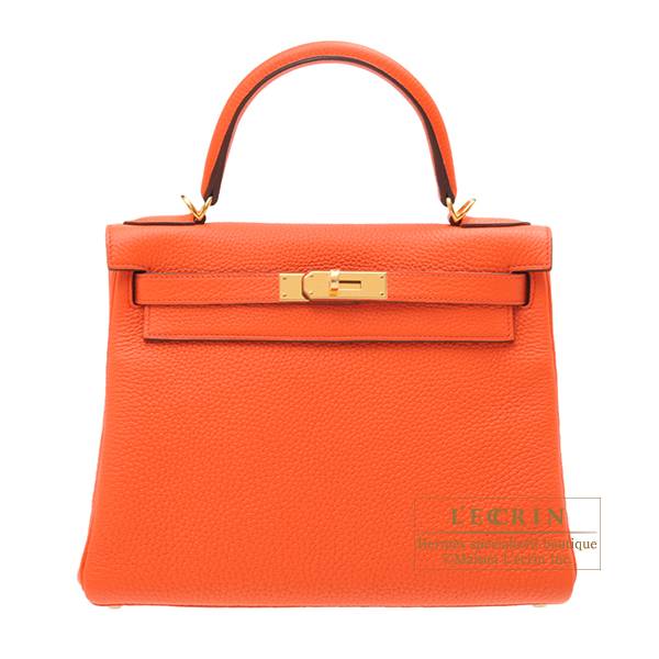 Hermes Kelly bag 28 Retourne Orange poppy Togo leather Gold 