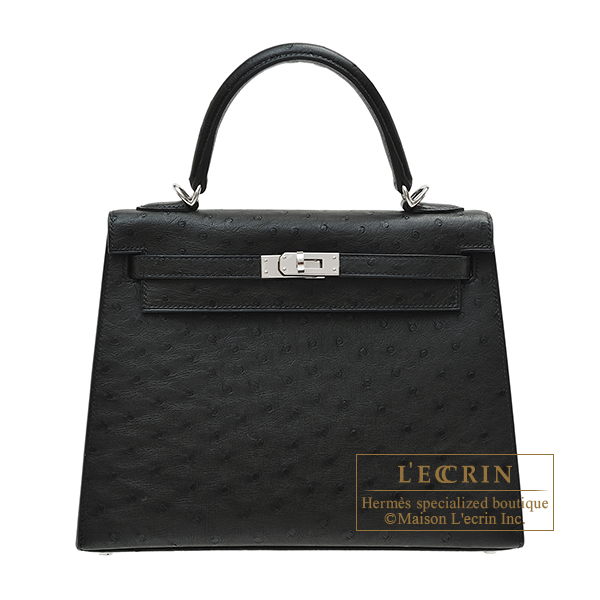 Hermes　Kelly bag 25　Sellier　Black　Ostrich leather　Silver hardware