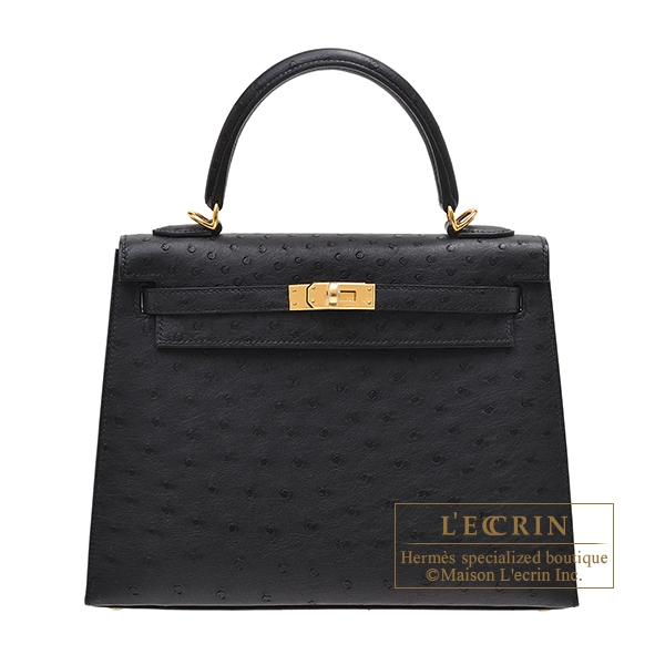 Hermes　Kelly bag 25　Sellier　Black　Ostrich leather　Gold hardware