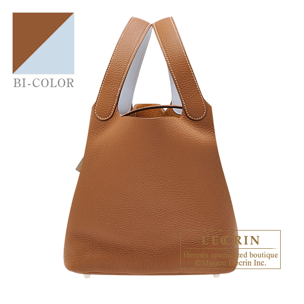 Hermes　Picotin Lock　Eclat bag MM　Gold/　Blue brume　Clemence leather/Swift leather　Silver hardware